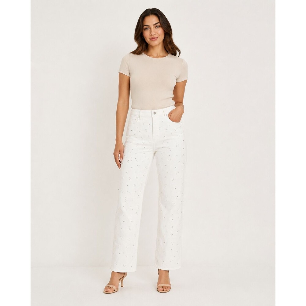 WHBM Pearl Encrusted Extra High Rise Straight Jeans White Size 16 NWT